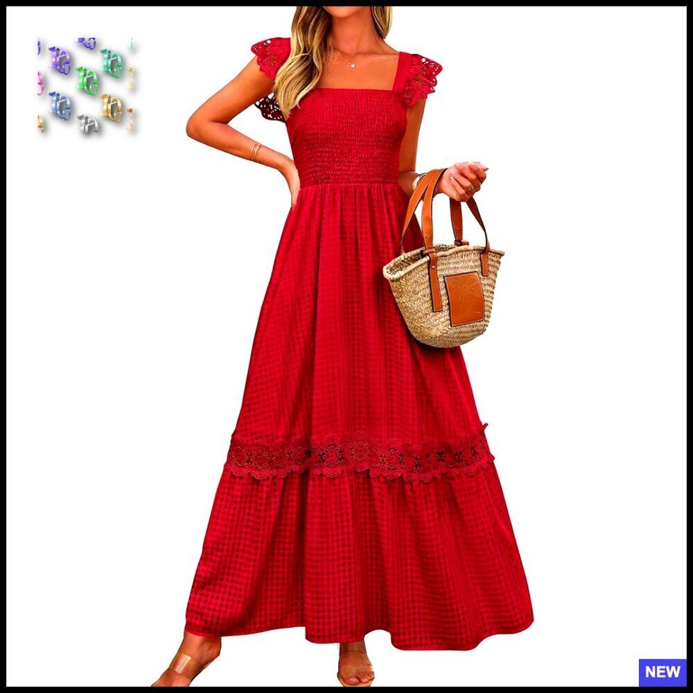 Smocked Maxi Dress Ruffle Cap Sleeve Square Neck Lace Detail Flowy Sundress